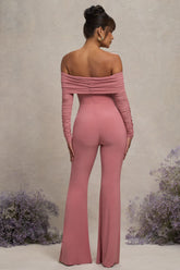 Blush Pink Maternity Ruched Mesh Bardot Jumpsuit
